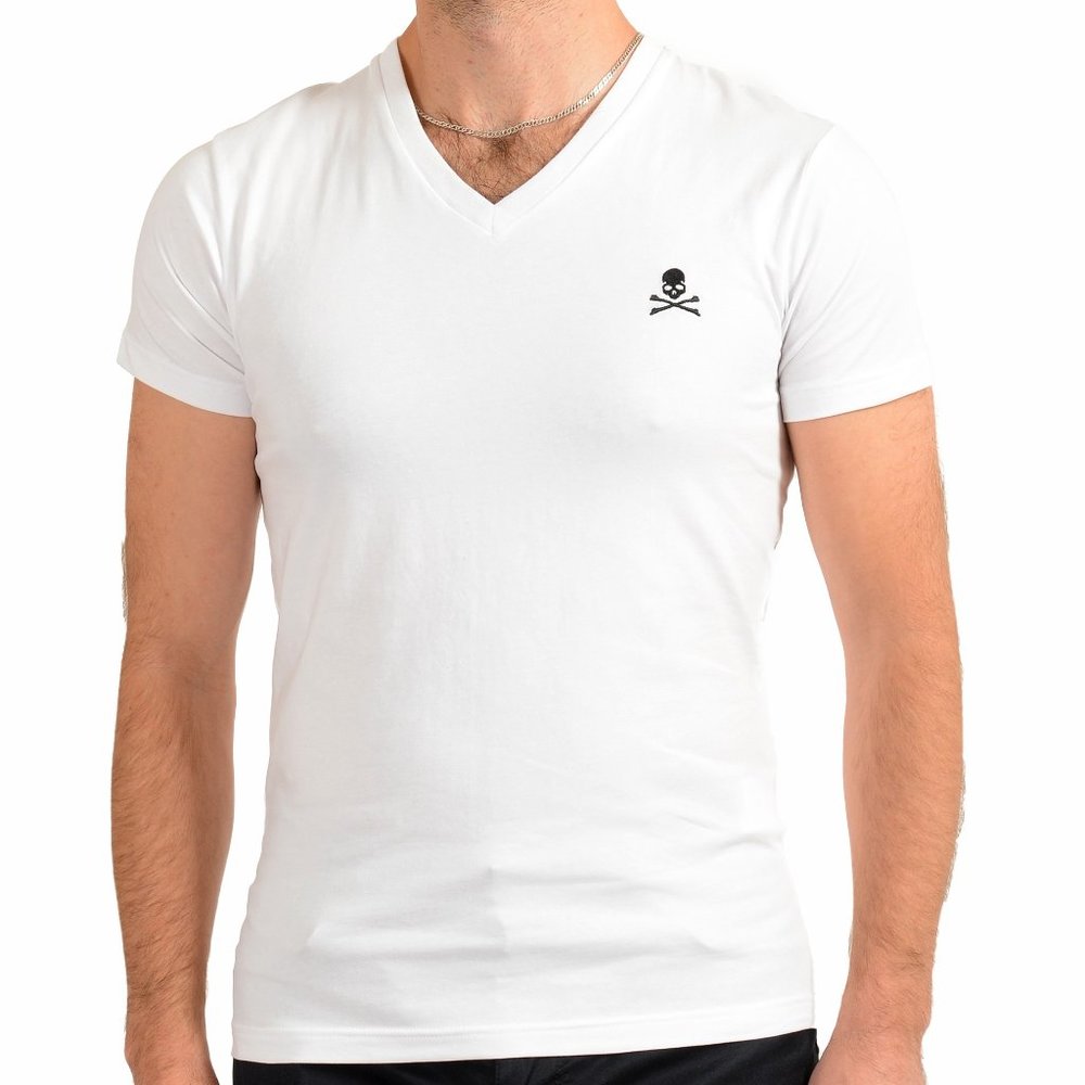 Philipp Plein Men's White Short Sleeve Logo Print V-Neck T-Shirt